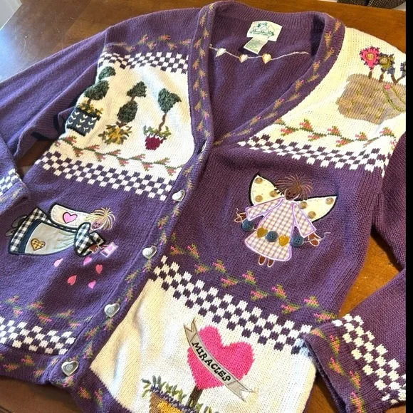Vintage Quacker Factory Garden Angel Miracles Purple Cardigan Sweater - Picture 2 of 10